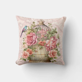 Almofada Romântica Cage de Pássaros Floral Aquarela Vintage