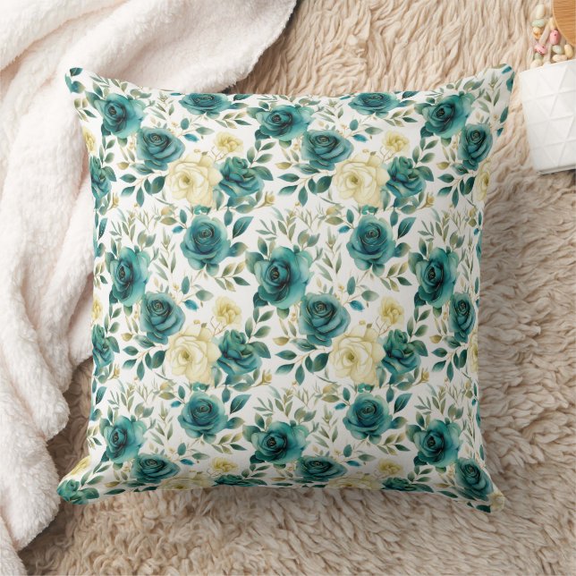 Almofada Romântica Creme Verde-Teal Rosa Floral (Cobertor)