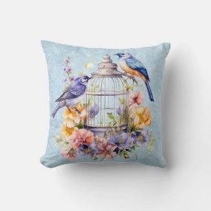 Almofada Romântica Gaiola de Pássaros Floral Aquarela Vinta