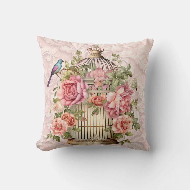 Almofada Romântica gaiola de pássaros floral em aquarela vi (Frente)