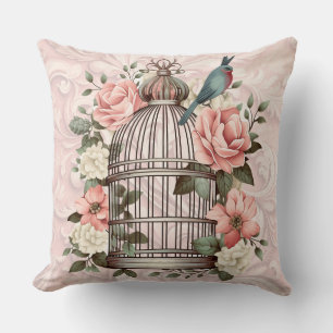 Almofada Romântica Vintage Watercolor Birdcage Floral
