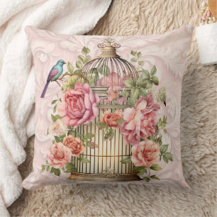 Almofada Romântica Vintage Watercolor Birdcage Floral