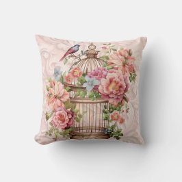 Almofada Romântico Cage de Pássaros Floral Aquarela Vintage