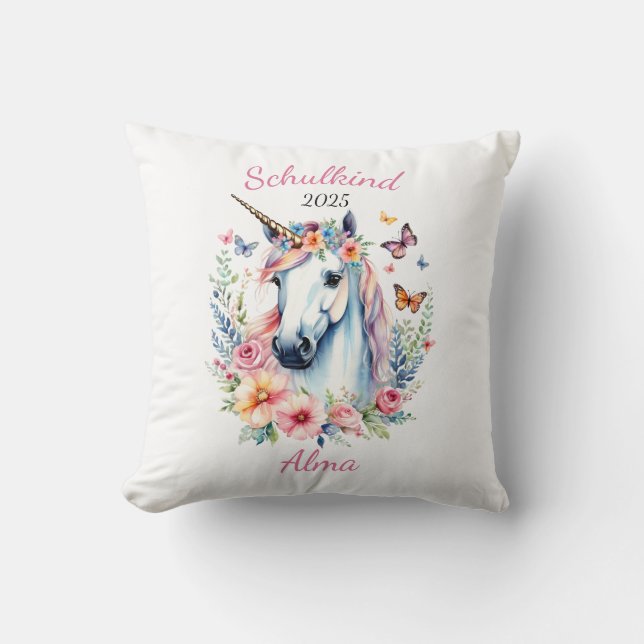 Almofada Romantisches Einhorn mit Blumen - Schulkind 2025 | (Frente)