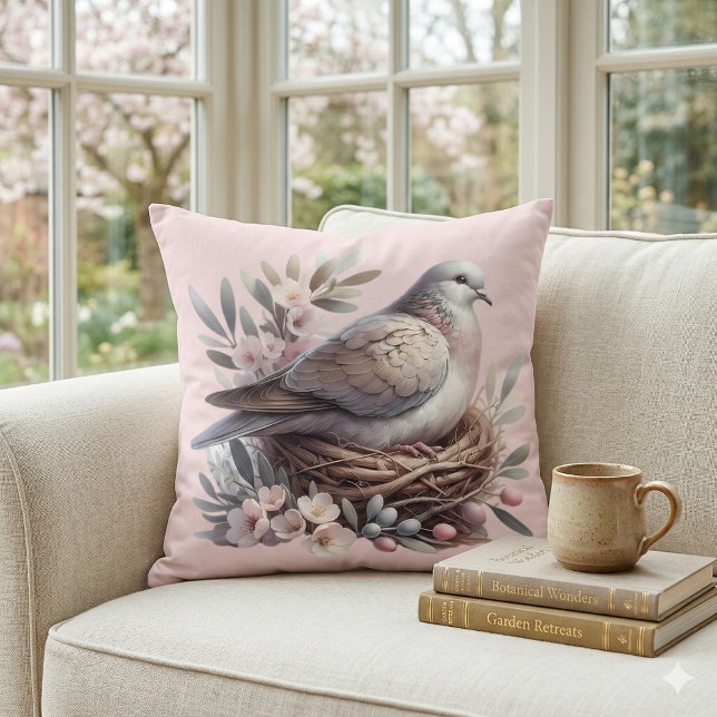 Almofada Rompimento do ninho com flores e ramos de oliveira (Blush Dove Nest with Flowers and Olive Branches Throw Pillow Mockup C)