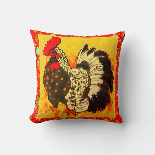 Almofada Rooster Art with Red Decorative Border (Frente)