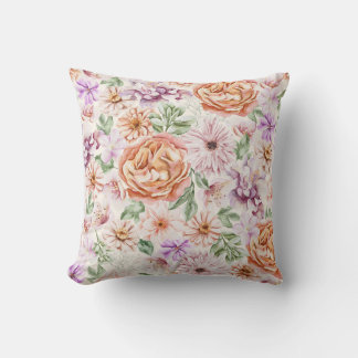 Almofada Rosa Apricot e Floral Roxo em Aquarela Vintage
