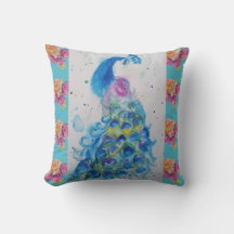 Almofada Rosa Aqua Pássaro Azul Pavão Aquarela