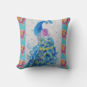 Almofada Rosa Aqua Pássaro Azul Pavão Aquarela