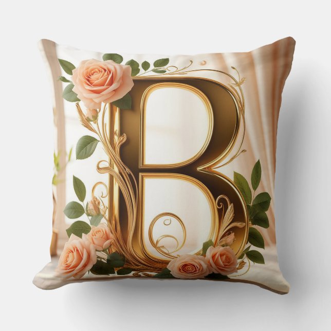 Almofada 🌷 Rosa Bege Dourado Letra Inicial B Decoração ✨ (Frente)