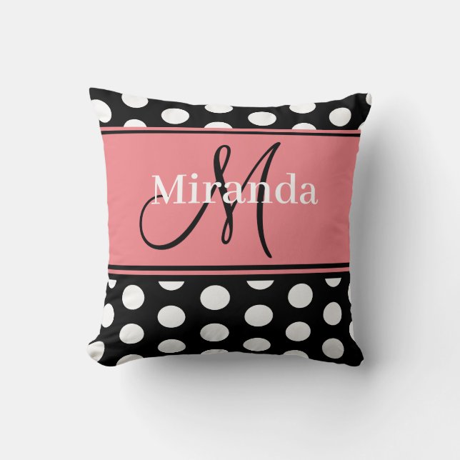 Almofada Rosa Branco Preto Pontos Monograma Script (Frente)