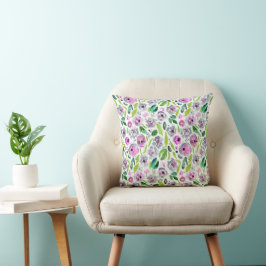 Almofada Rosa Cinza Verde Boho Floral Botânico Aquarela