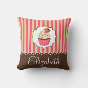 Almofada Rosa & cupcake bonito de Brown com nome feito sob