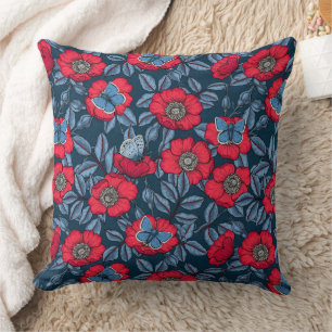 Almofada Rosa de cão e borboletas em azul e vermelho