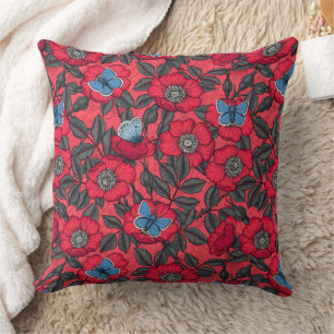 Almofada Rosa de cão e borboletas em vermelho e azul