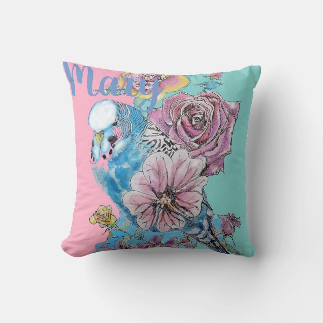 Almofada Rosa Flor Flor Cushion Blue Budgie (Frente)
