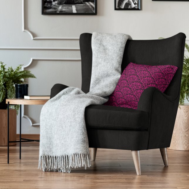 Almofada Rosa Floral Damasco Preto e Rosa Quente (Hot Pink and Black Rose Floral Damask Throw Pillow)