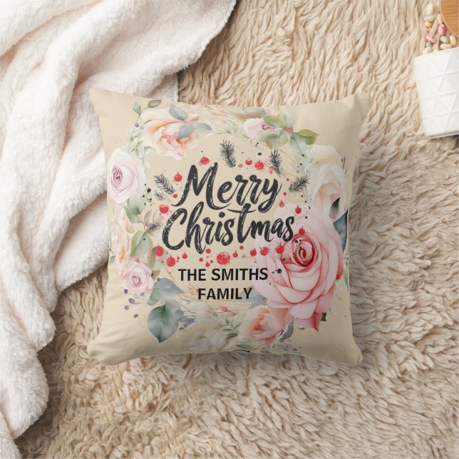 Almofada Rosa moderno Wreath e Script | Feliz Natal (Cobertor)