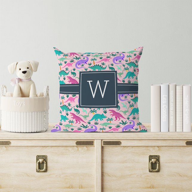 Almofada Rosa | Monograma - Padrão De Dinossauro Colorido (Criador carregado)