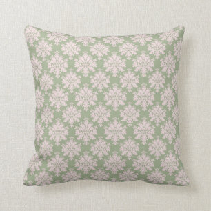 Almofada rosa pálido na cor damasco verde ornamentado sage