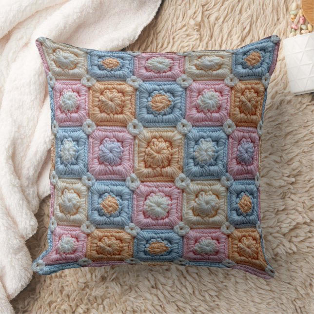 Almofada Rosa Pastel Azul Marfim Laranja Olhar de Crochê (Cobertor)