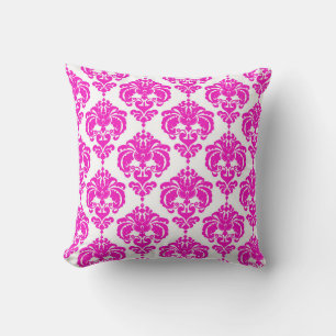 Almofada Rosa Quente Branco Damasco Chic Moderno Padrão Ele