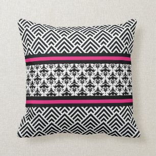 Almofada Rosa quente elegante, Chevron preto e branco
