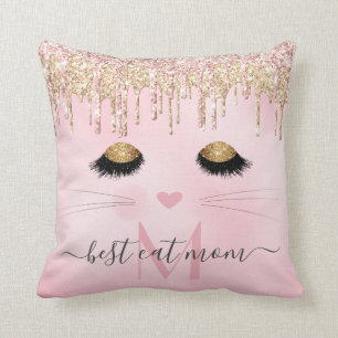Almofada Rosa rosa-rosa, ouro, melhor gato, mãe monograma