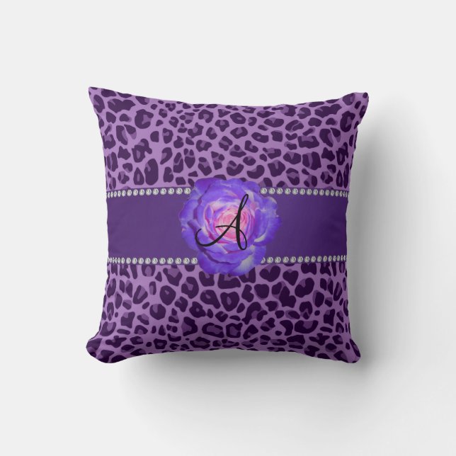 Almofada Rosa roxo do roxo do leopardo do monograma (Frente)