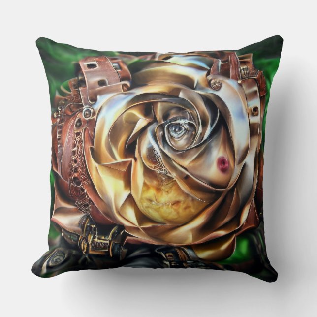 Almofada Rosa Steampunk com Face Surreal - Flor Mecânico (Frente)