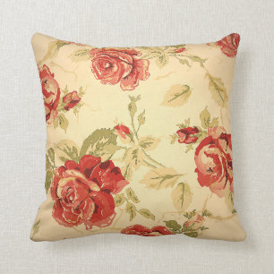 Almofada Rosa vermelha, creme, tan, impressão floral antig