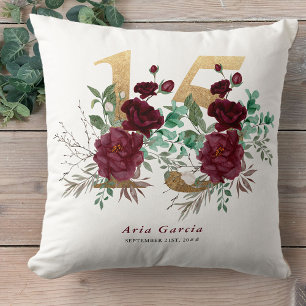 Almofada Rosa vermelha de Quinceanera Número Dourado Flora