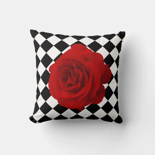 Almofada Rosa vermelha no teste padrão preto e branco do (Frente)
