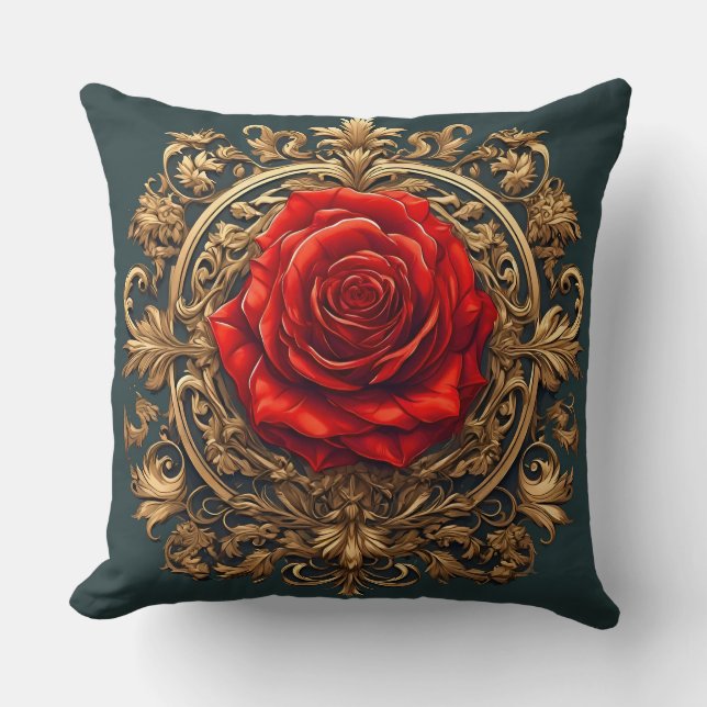 Almofada Rosa Vermelha Ornamentada Com Moldura Barroca Dour (Frente)