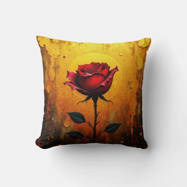 Almofada Rosa Vermelha sobre Dourado (Frente)