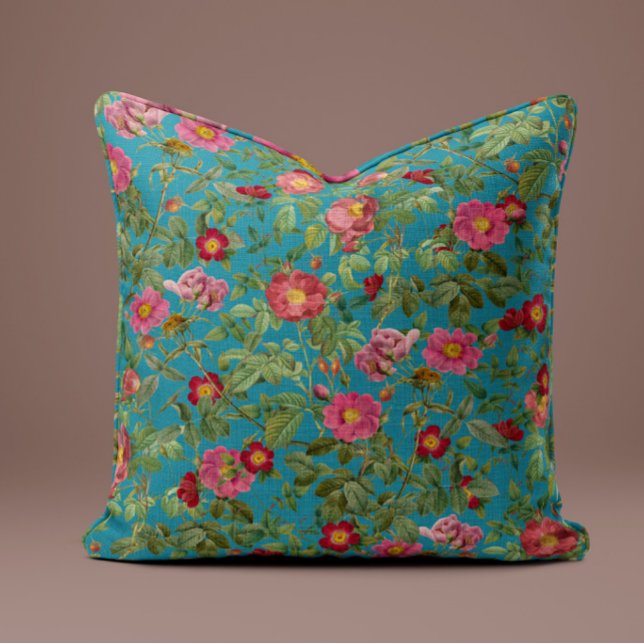 Almofada Rosa Vintage em Azul Pavão (Criador carregado)