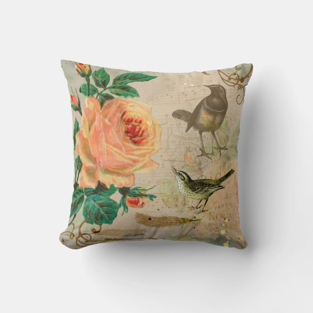 Almofada Rosa vitoriano e Jardim de Aves (Frente)
