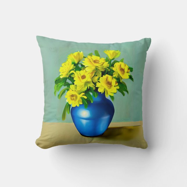 Almofada Rosas Amarelas em Arte Azul Vase Boho (Frente)