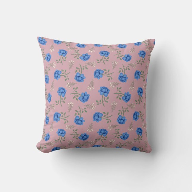 Almofada Rosas Azuis em Estampado Xadrez Rosa Oversized (Frente)