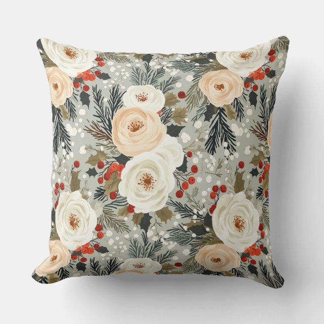 Almofada Rosas Brancas de Natal Elegantes e Berry Vermelho  (Frente)