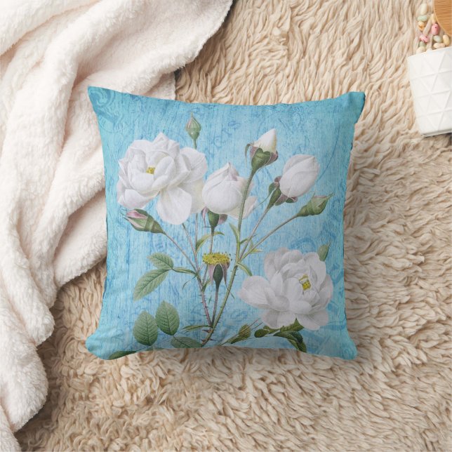 Almofada Rosas brancas do Chique Vintage em azul (Cobertor)