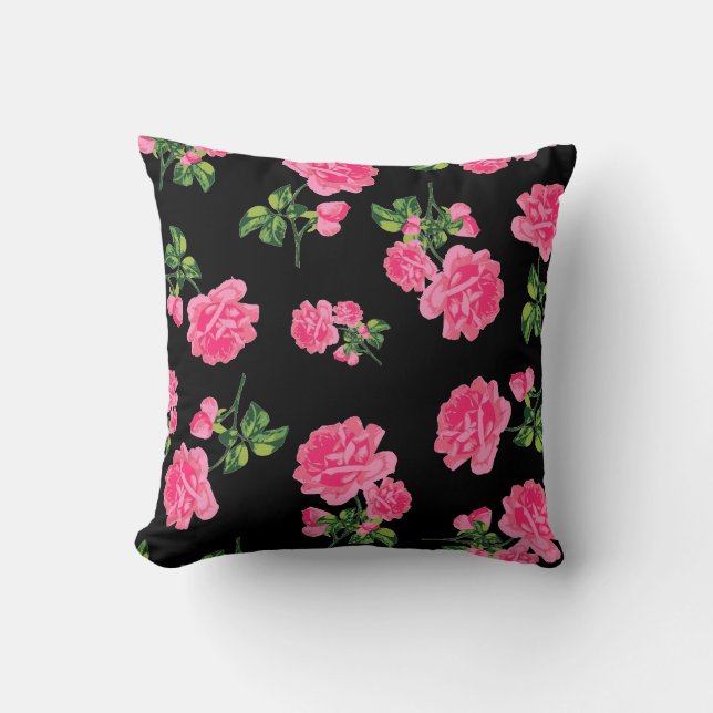 Almofada Rosas cor-de-rosa bonito no coxim preto (Frente)