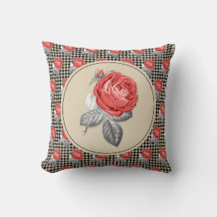 Almofada Rosas cor-de-rosa vintage e padrão xadrez inglês