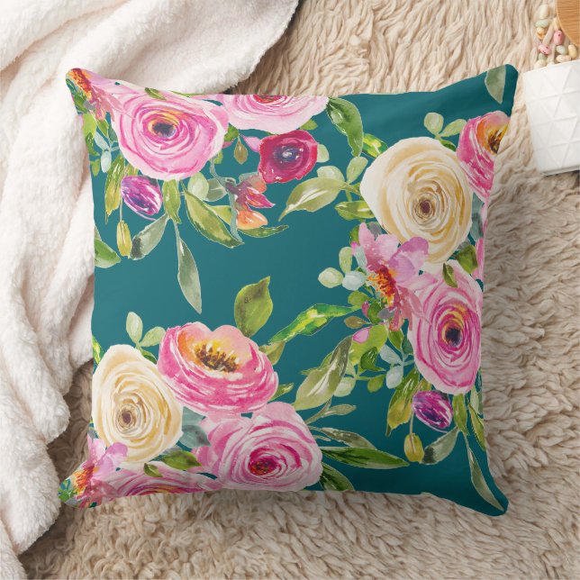 Almofada Rosas de aquarelas em rosa e creme no chão (Cobertor)