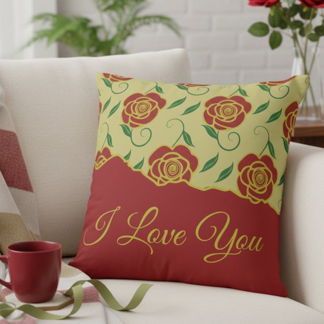 Almofada Rosas de Ouro Vermelho Amam Você (Romantic message pillow in gold and red, covered by roses. Perfect for Valentines gift.)