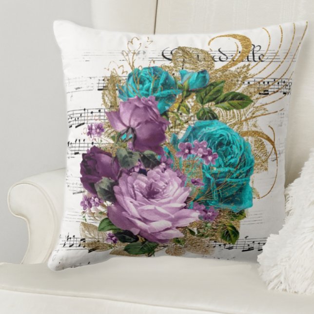 Almofada Rosas de Tom Joia (Purple and teal floral throw pillow)