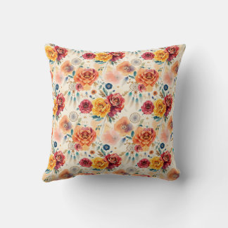 Almofada Rosas de vindima de boho e penas, padrão floral