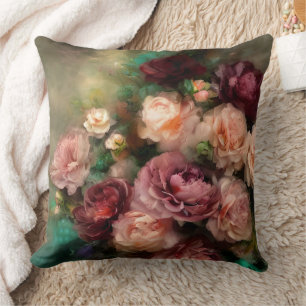Almofada Rosas De Vintage, Rosa Mole E Borgonha, Pintados