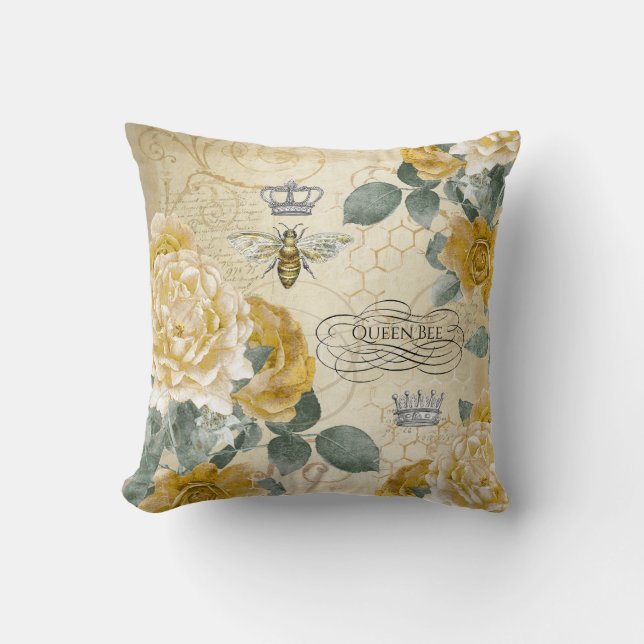 Almofada Rosas dourados da abelha de rainha do vintage (Frente)