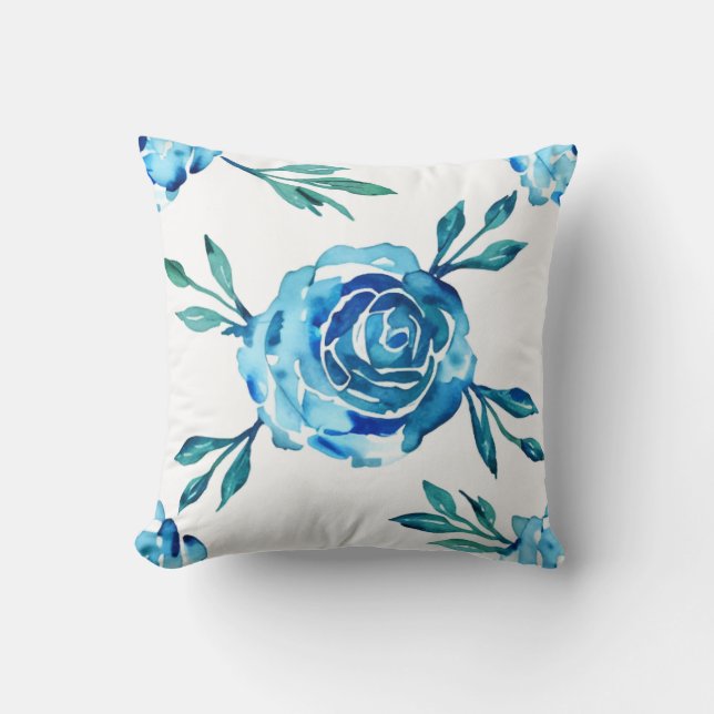 Almofada Rosas e folhas de azul-aquarela (Frente)